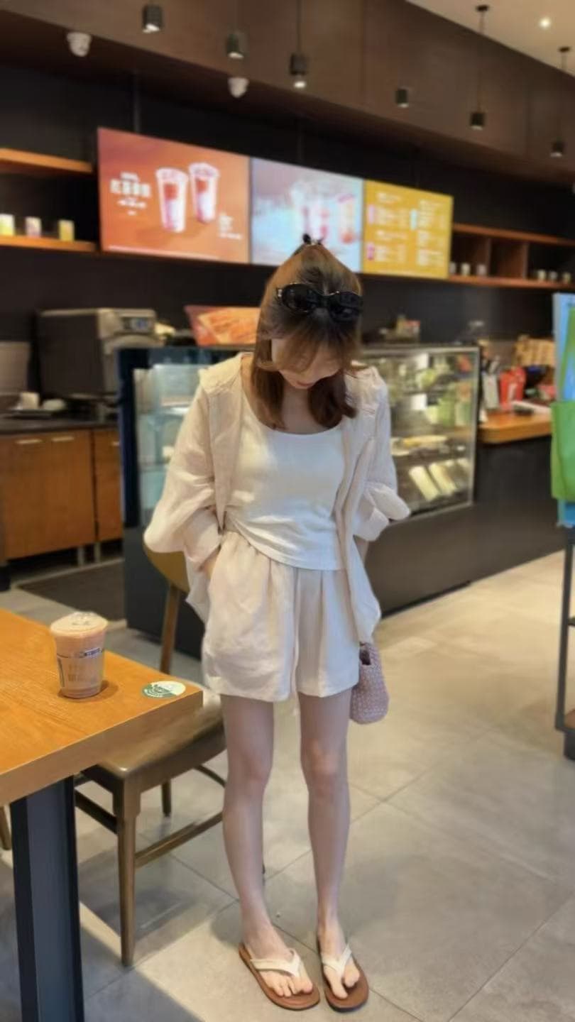 새로운 루즈핏 얇고 가벼운 오래된 돈 바람 프랑스식 프로필 모양 느긋한 아마 셔츠 슬립 반바지 3 세트 상세 이미지 5