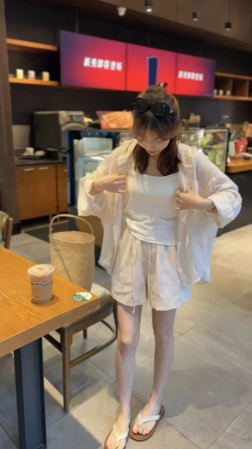 새로운 루즈핏 얇고 가벼운 오래된 돈 바람 프랑스식 프로필 모양 느긋한 아마 셔츠 슬립 반바지 3 세트 상세 이미지 6