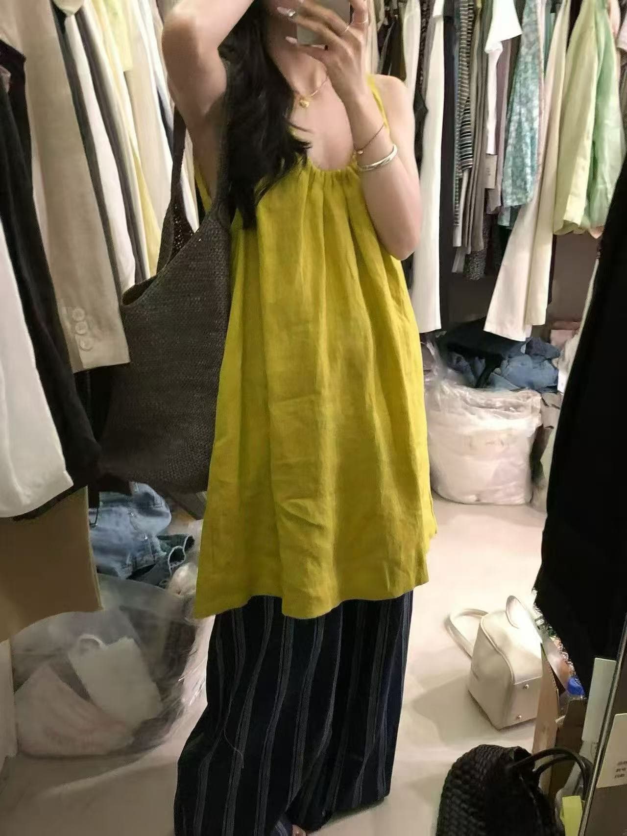 새로운 프랑스식 루즈핏 u 칼라 라미 민소매 조끼 스커트 허리밴드 캐주얼 바지 세트 이미지 5