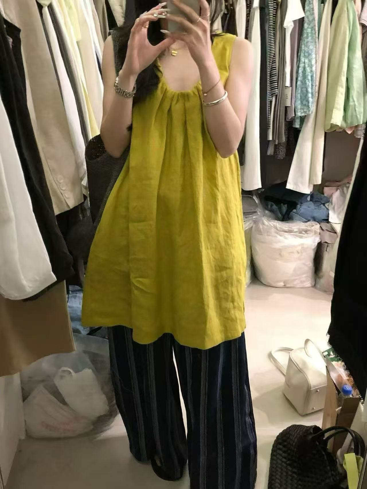 새로운 프랑스식 루즈핏 u 칼라 라미 민소매 조끼 스커트 허리밴드 캐주얼 바지 세트 상세 이미지 2
