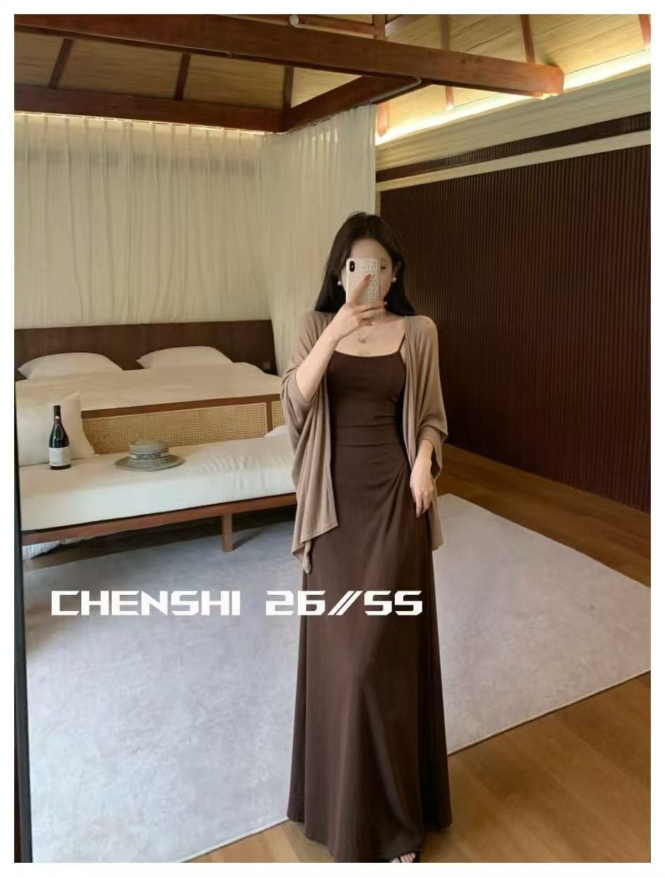 새로운 한국 스타일 패션 미니멀리즘 슬립 롱 코트 드레스 미니멀리즘 숄 재킷 투피스 세트 이미지 2