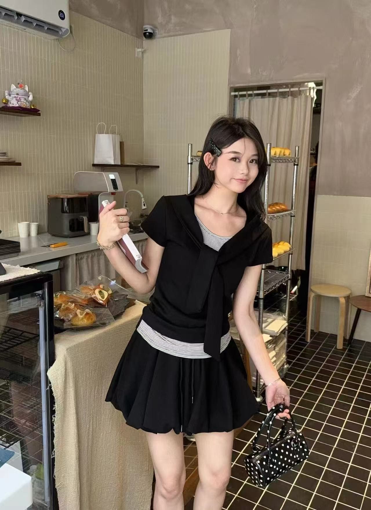 새로운 패션 달콤함 귀여운 소녀 센스 학원 스타일 스트라이프 반팔 맨위 허리밴드 꽃밭 치마 세트 이미지 4
