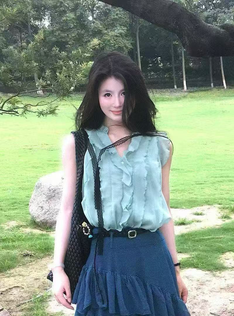새로운 프랑스식 녹색 프릴 민소매 셔츠 조끼 불규칙 반신 스커트 벨트 3 세트 이미지 3