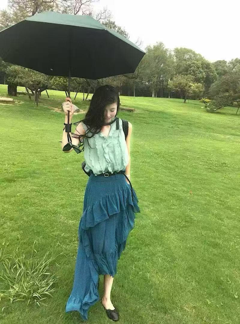 새로운 프랑스식 녹색 프릴 민소매 셔츠 조끼 불규칙 반신 스커트 벨트 3 세트 상세 이미지 2