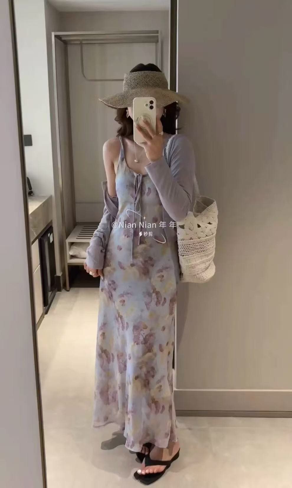 새로운 한국 스타일 패션 다용도 몸매 가꾸기 자외선 차단 오픈 가디건 꽃무늬 슬립 드레스 투피스 세트 이미지 3