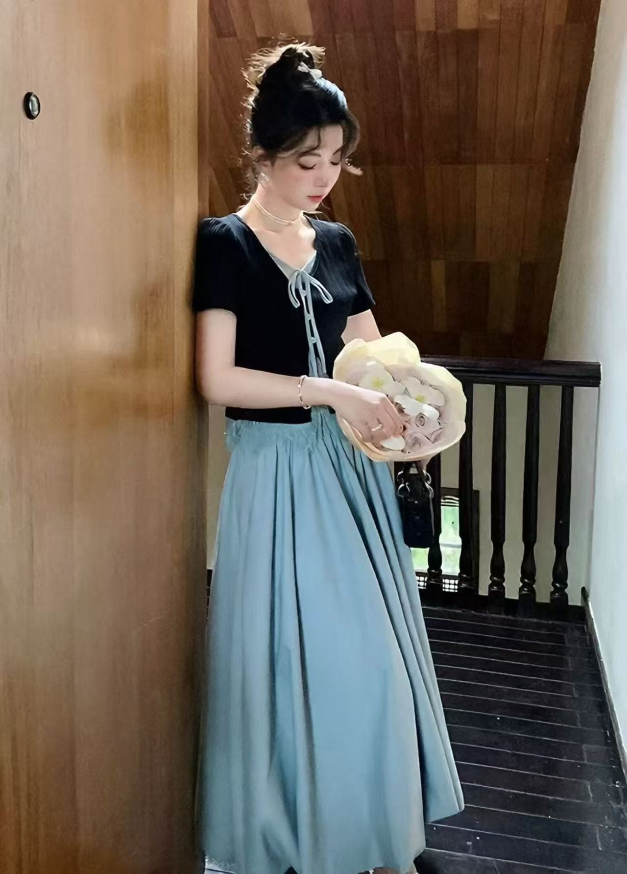 새로운 패션 패치워크 레이스 허리 수축 반팔 작은 셔츠 허리밴드 한 마디 꽃밭 반 스커트 투피스 세트 이미지 2