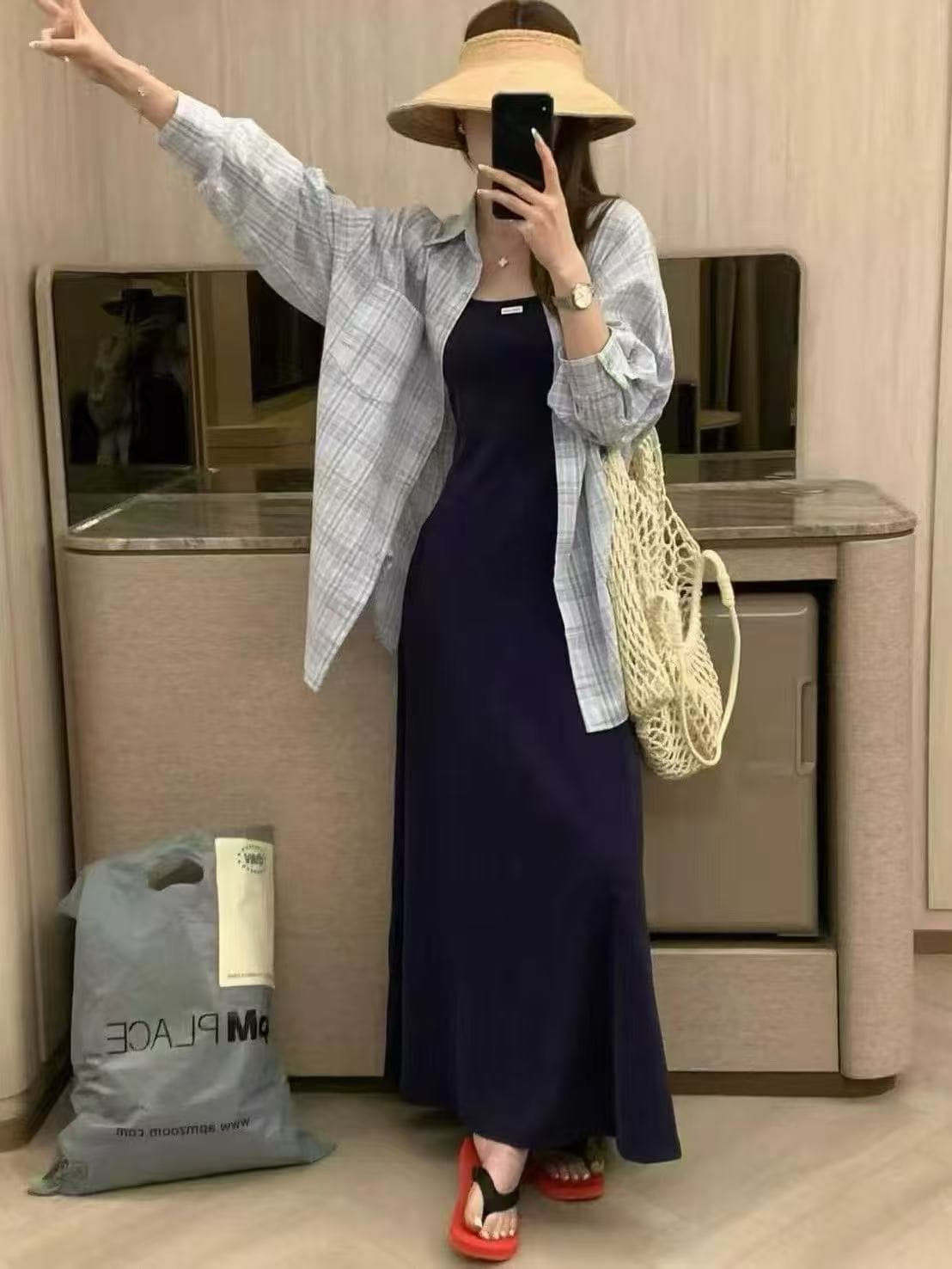 새로운 한국 스타일 패션 루즈핏 격자 무늬 셔츠 자외선 차단 의류 중간 길이 슬립 기본 스커트 투피스 세트 이미지 2