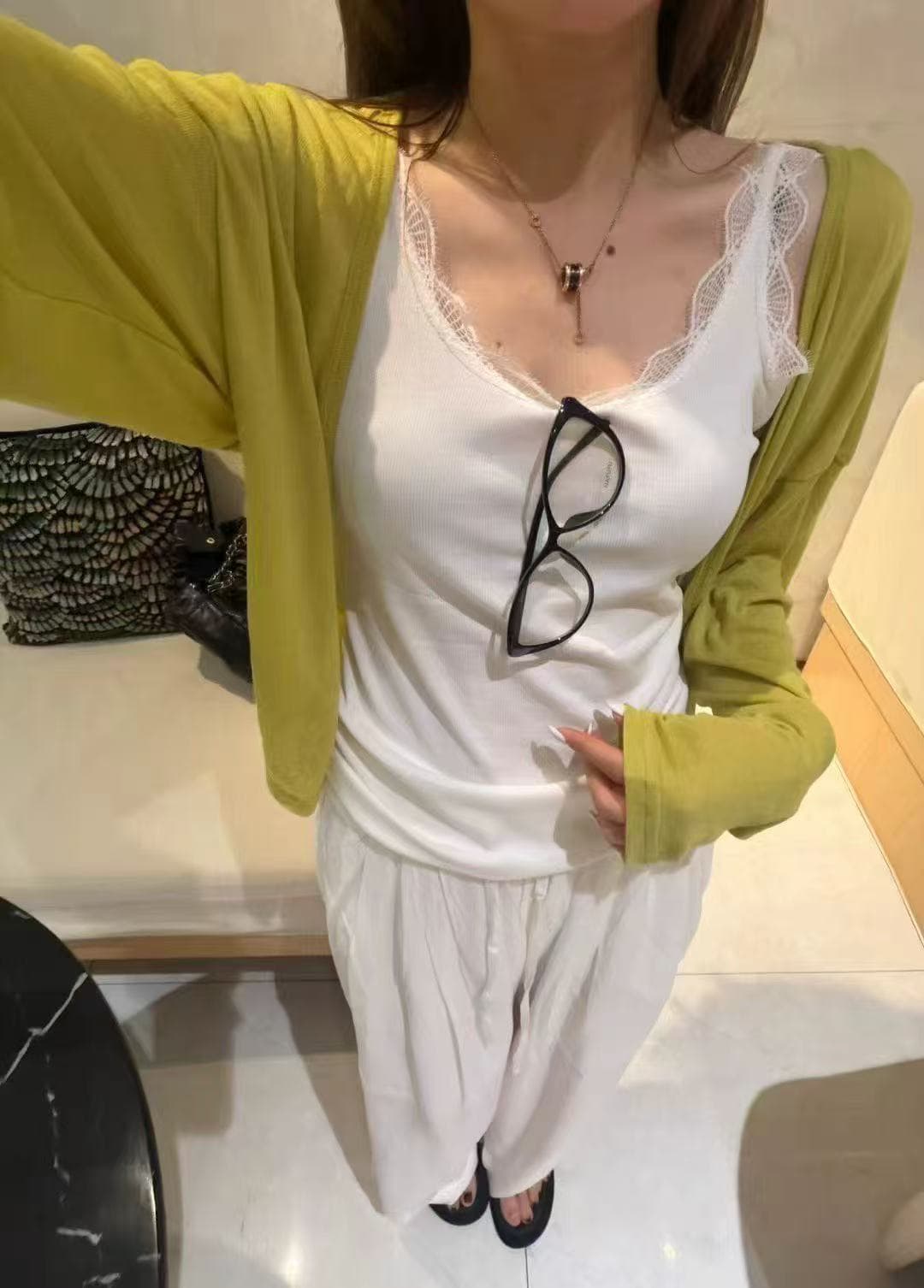 새로운 패션 레이스 레이스 V넥 캐미솔 얇은 스타일 오픈 가디건 허리밴드 캐주얼 바지 3 세트 상세 이미지 6