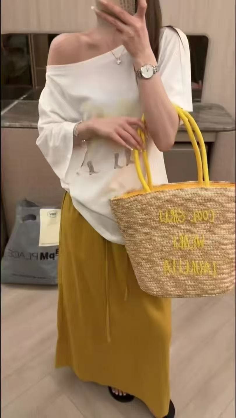 새로운 패션 느긋한 바람 비스듬한 어깨 만화 프린트 반팔 티셔츠 허리밴드 펌프 로프 반신 스커트 투피스 세트 이미지 3
