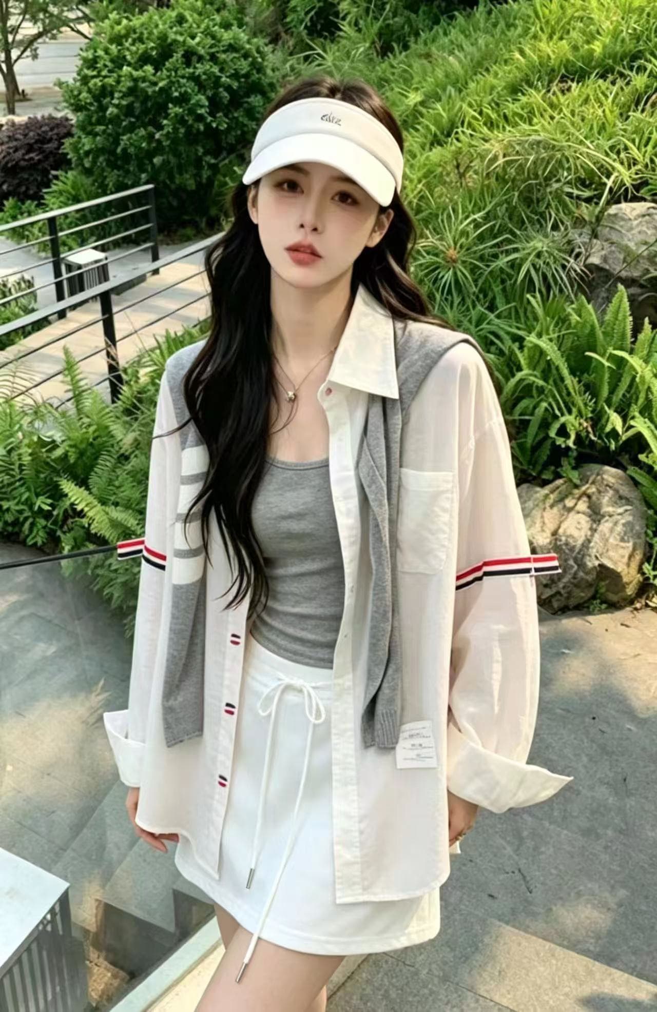 새로운 작은 대중 고급 학원 스타일 리본 셔츠 숄 슬립 허리밴드 미니 스커트 사피스 세트 이미지 5