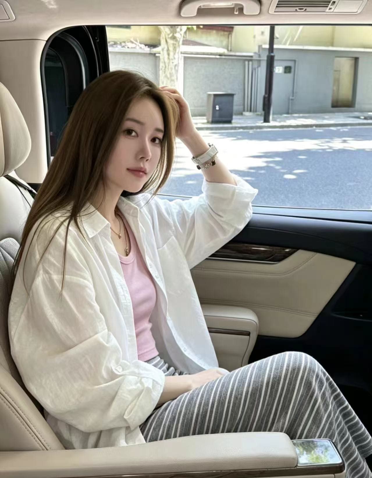 새로운 한국 스타일 패션 루즈핏 자외선 차단 셔츠 조끼 기본 셔츠 허리밴드 스트라이프 치마 3종 세트 상세 이미지 1