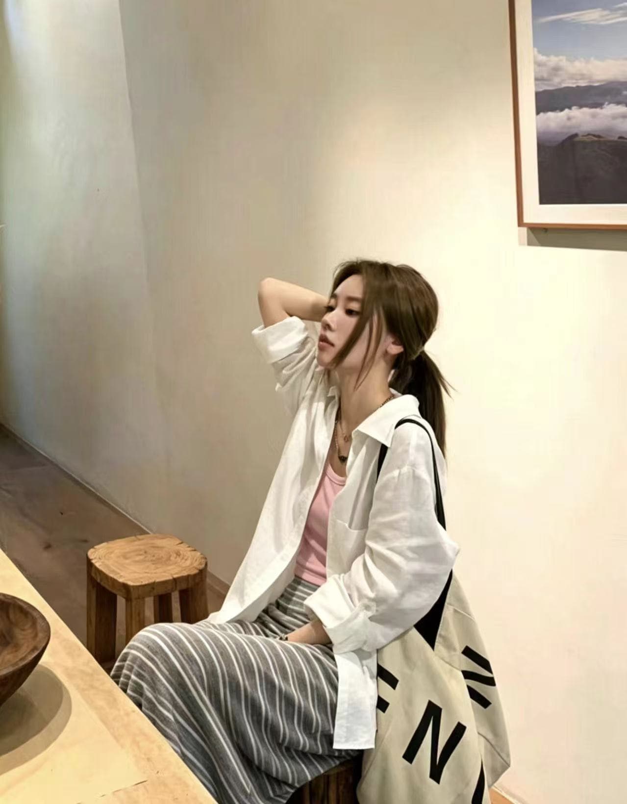 새로운 한국 스타일 패션 루즈핏 자외선 차단 셔츠 조끼 기본 셔츠 허리밴드 스트라이프 치마 3종 세트 상세 이미지 3