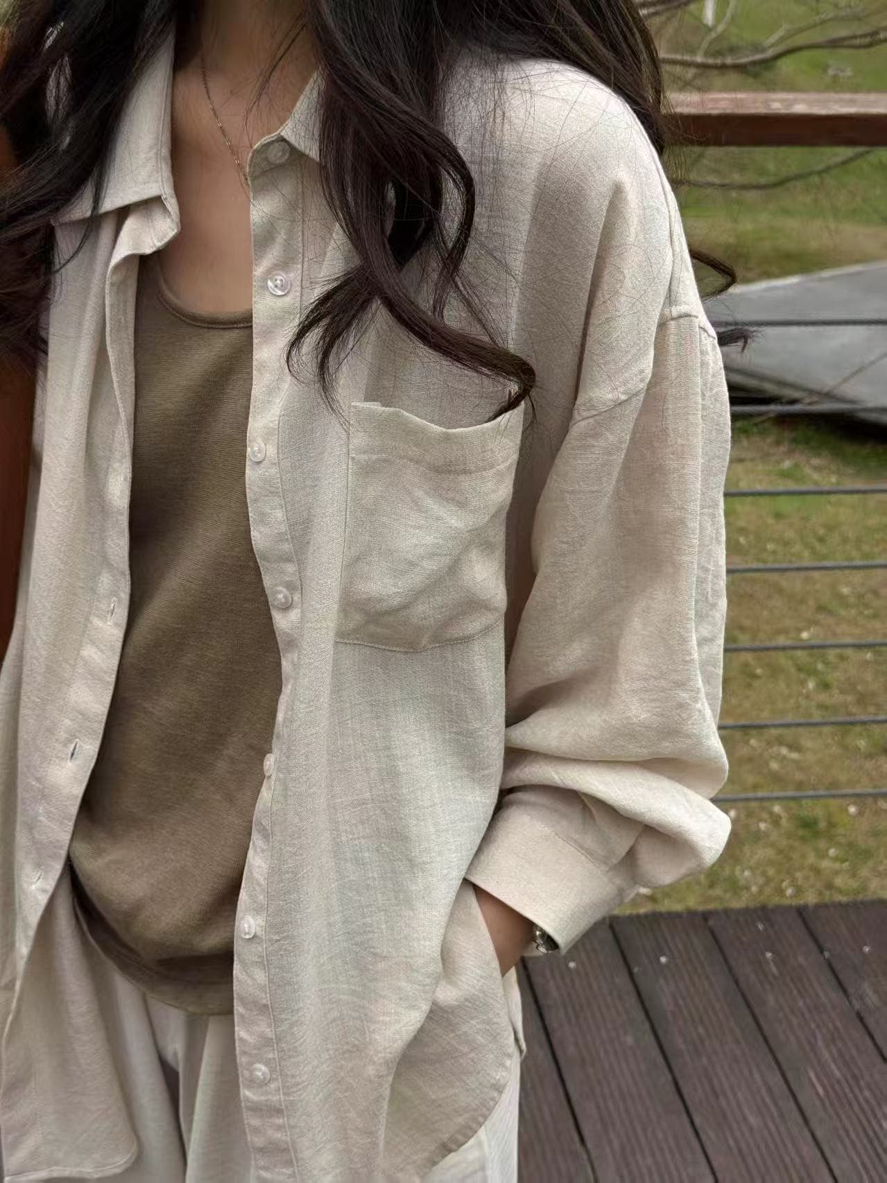새로운 루즈핏 느긋한 오래된 돈 바람 면 린넨 셔츠 오픈 가디건 슬립 허리밴드 캐주얼 바지 3 세트 상세 이미지 3