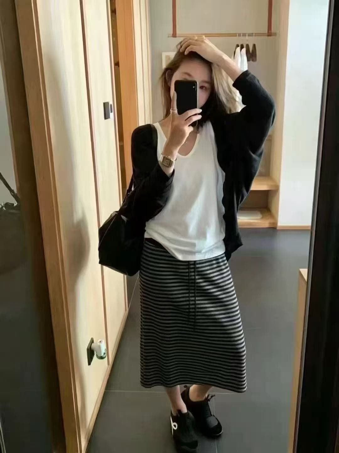 새로운 패션 느긋한 바람 일상 휴가 조끼 자외선 차단 숄 허리밴드 스트라이프 반신 치마 세트 상세 이미지 6