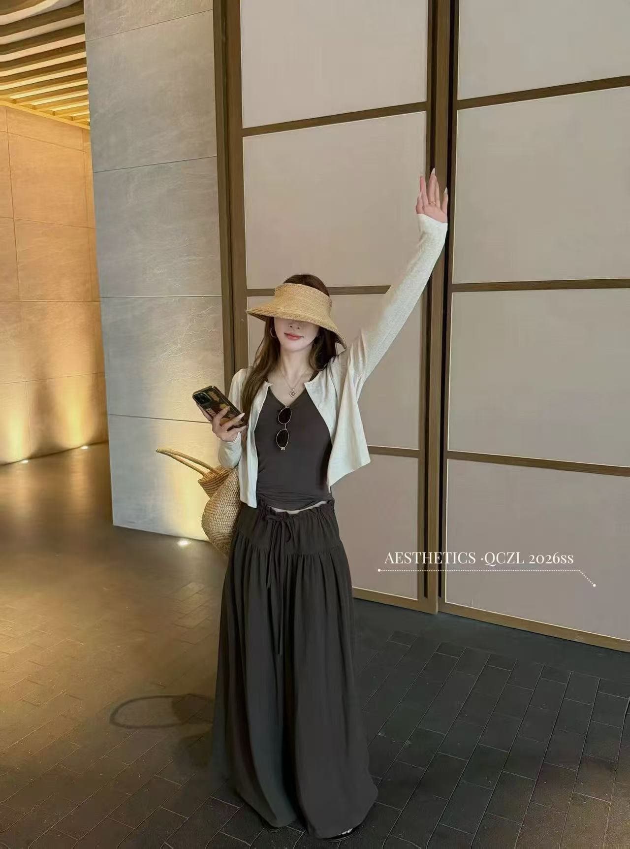새로운 한국 스타일 패션 루즈핏 슬림해 보이는 조끼 허리밴드 와이드 레그 팬츠 얇은 스타일 태양 보호 셔츠 3종 세트 이미지 4