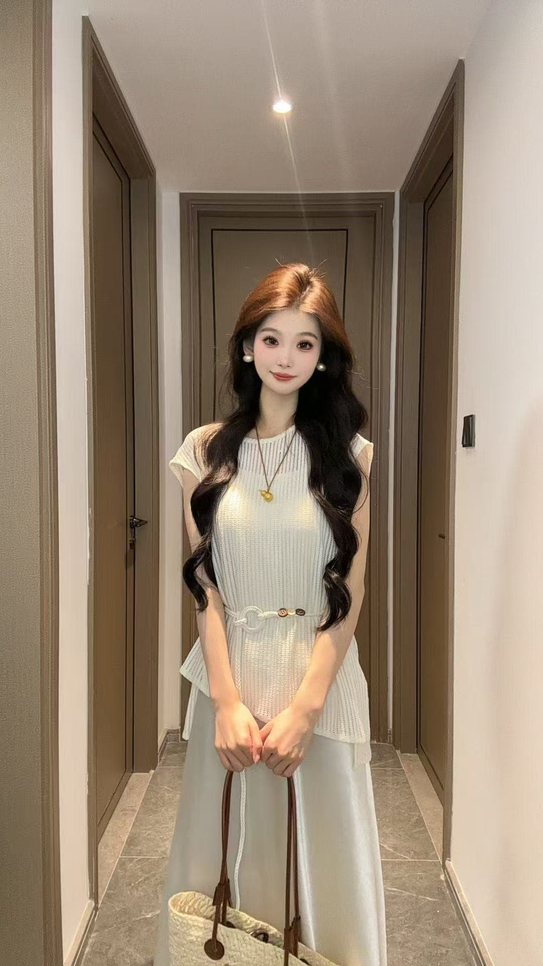 새로운 부드러운 바람 패션 홀로우 아웃 민소매 니트 맨위 새틴 슬립 드레스 벨트 3 세트 상세 이미지 3