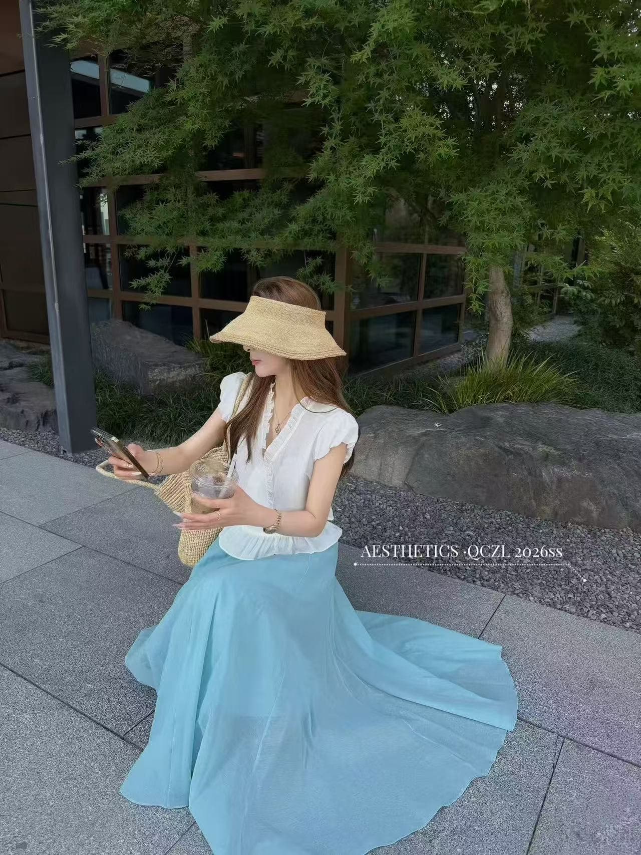 새로운 패션 프릴 거품 소매 V넥 레이스업 맨위 허리밴드 한 마디 반신 스커트 투피스 세트 이미지 3
