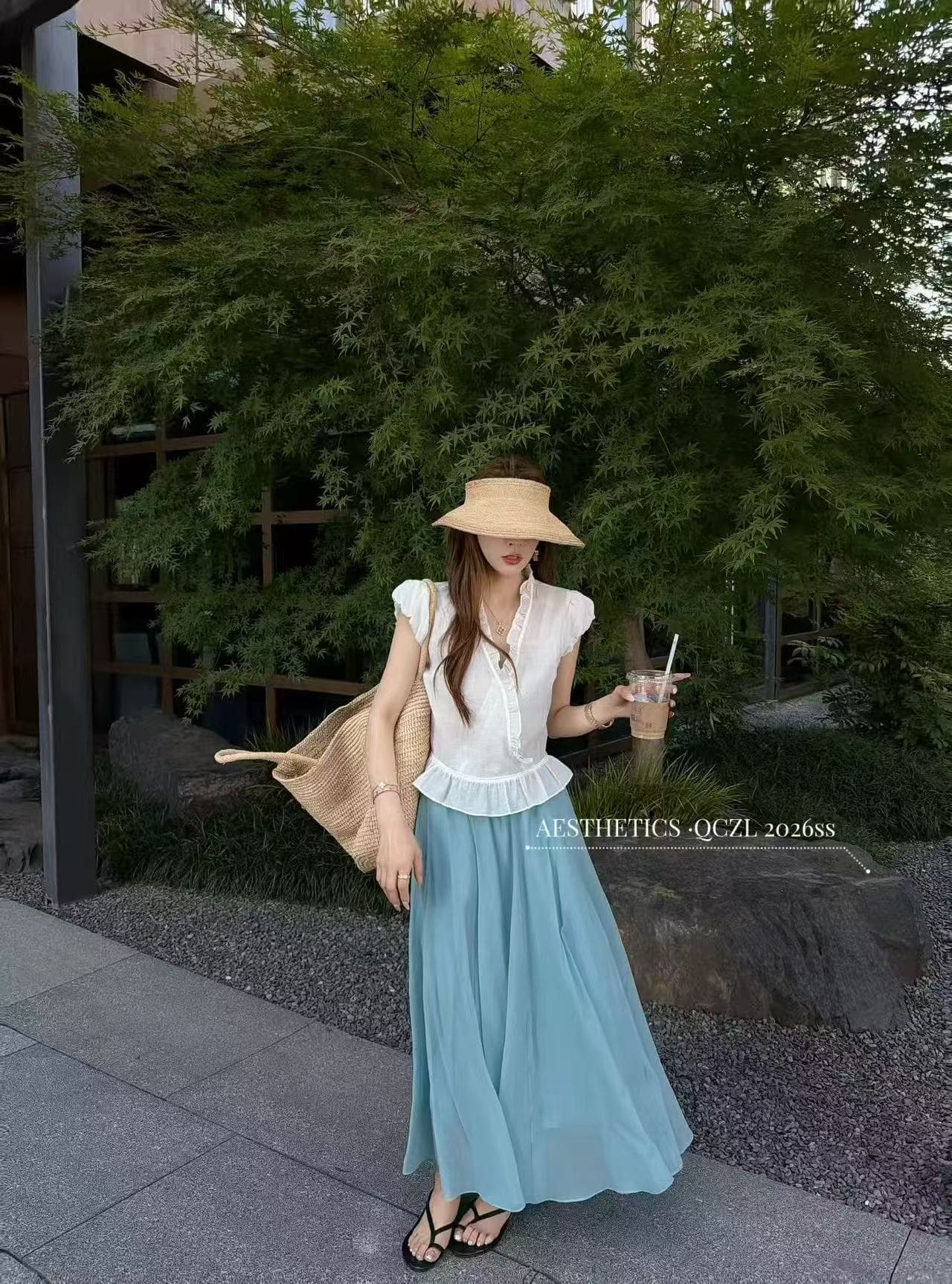 새로운 패션 프릴 거품 소매 V넥 레이스업 맨위 허리밴드 한 마디 반신 스커트 투피스 세트 상세 이미지 2