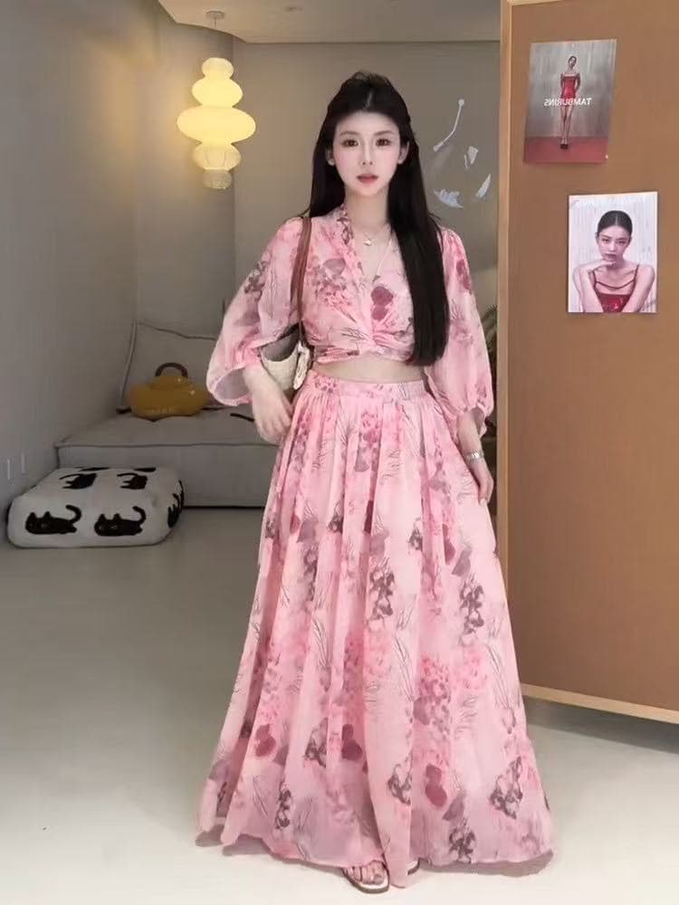 새로운 달콤한 핫걸 해변가 휴가 바람 스트랩 꽃무늬 V 넥 셔츠 허리밴드 반신 스커트 투피스 세트 이미지 4