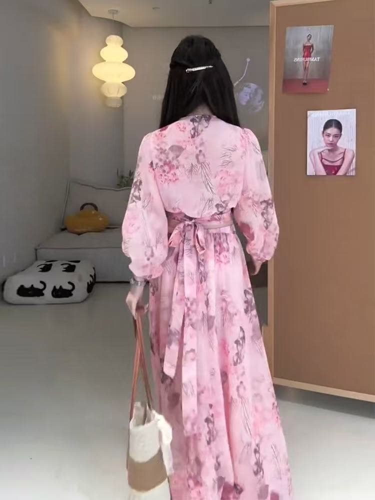 새로운 달콤한 핫걸 해변가 휴가 바람 스트랩 꽃무늬 V 넥 셔츠 허리밴드 반신 스커트 투피스 세트 상세 이미지 4