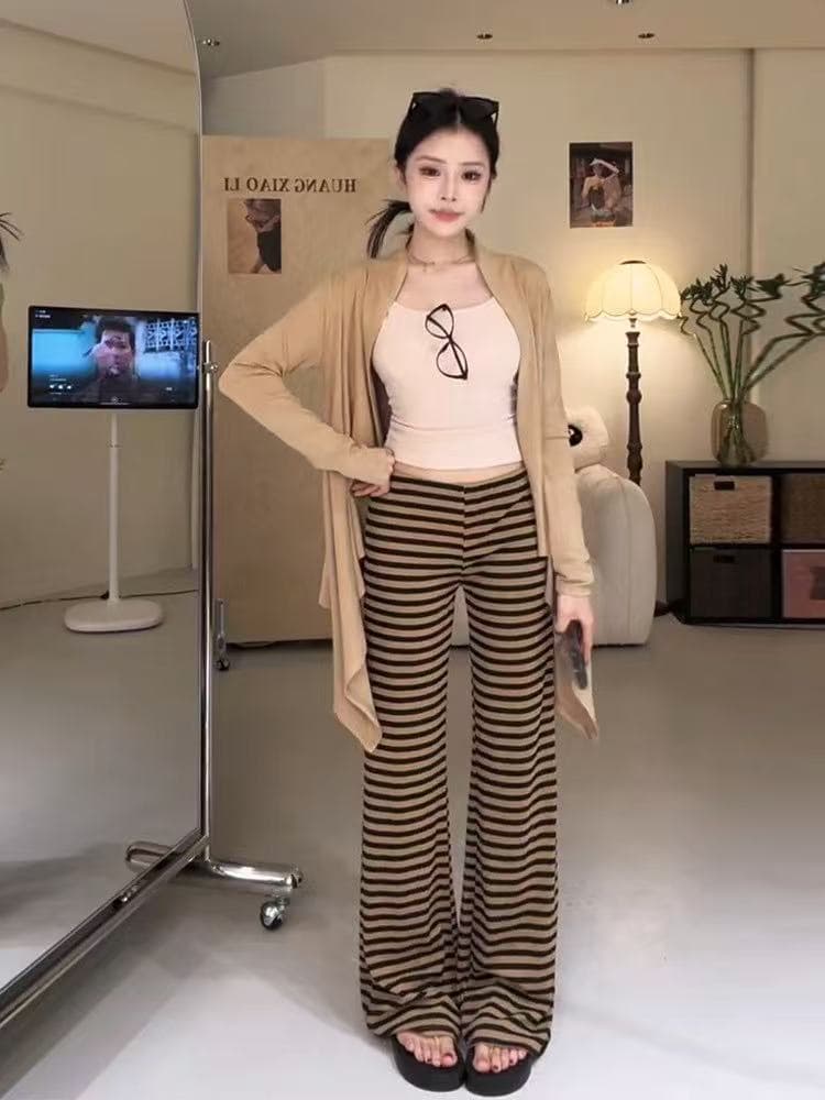 새로운 느긋한 바람 긴팔 오픈 가디건 캐미솔 허리밴드 부츠컷 스트라이프 캐주얼 바지 3종 세트 이미지 2