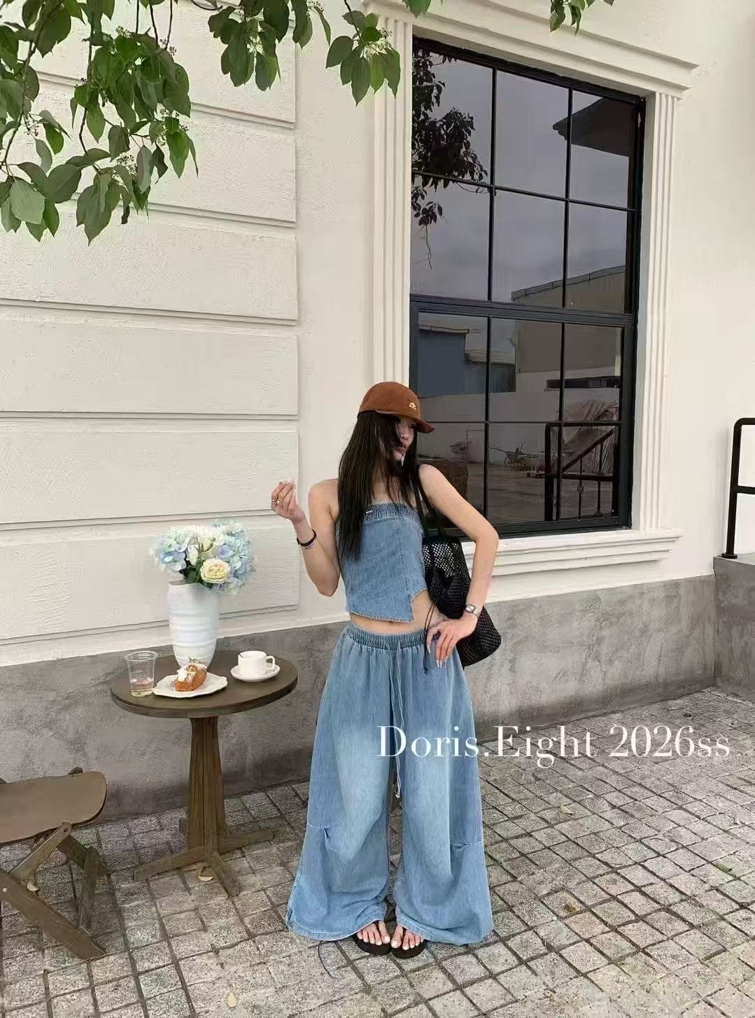 새로운 한국 스타일 패션 데님 불규칙 몸매 가꾸기 튜브탑 조끼 허리밴드 와이드 레그 팬츠 세트 상세 이미지 4