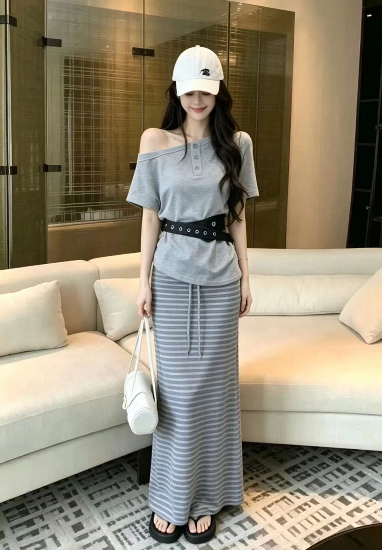 새로운 차가운 매운맛 아메리칸 비스듬한 칼라 단추 맨위 벨트 허리밴드 스트라이프 반신 스커트 3 세트 이미지 3