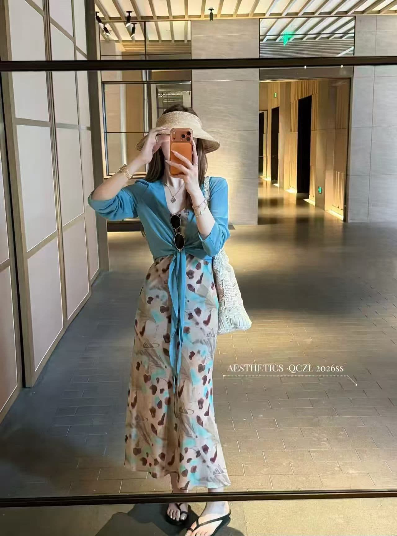새로운 한국 스타일 패션 얇은 스타일 자외선 차단 오픈 가디건 미니멀리즘 품격 꽃무늬 슬립 드레스 투피스 세트 상세 이미지 4