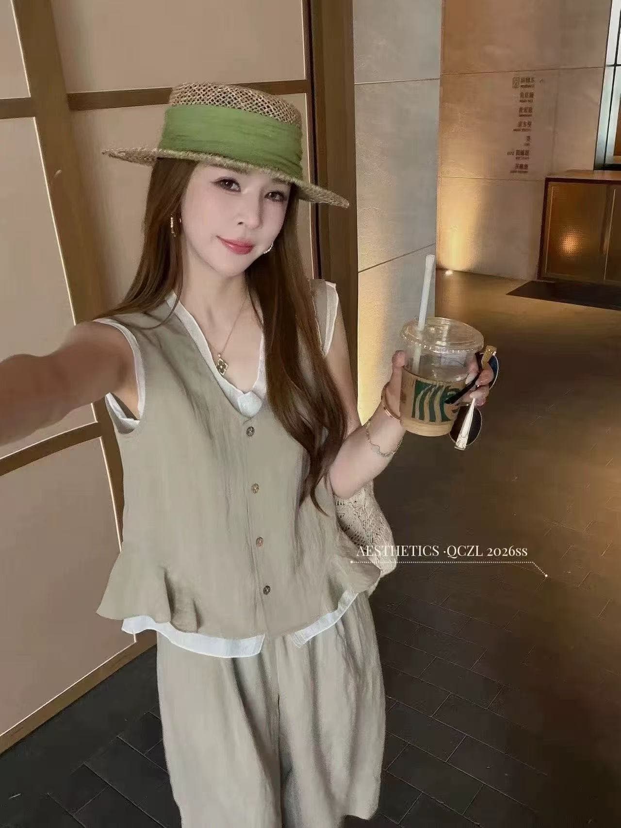 한 부서 문예 바람 느슨함 아마 페이크 레이어드 프릴 베스트 허리밴드 9 포인트 와이드 레그 팬츠 세트 이미지 2