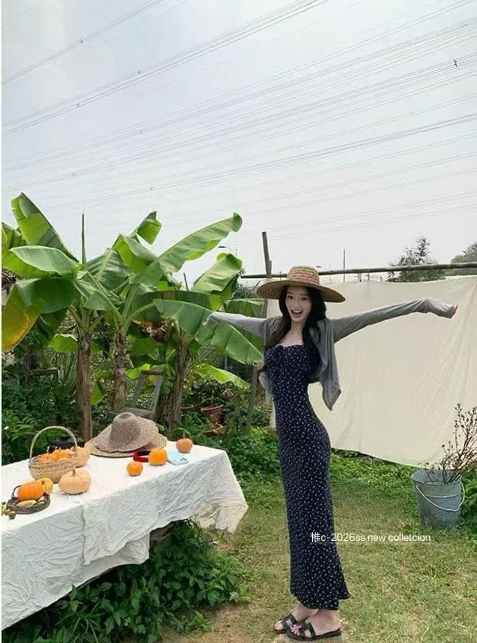 새로운 프랑스식 순수한 욕망 바람 꼬집기 허리 슬림해 보이는 슬립 꽃무늬 드레스 얇은 스타일 태양 보호 셔츠 투피스 세트 상세 이미지 3