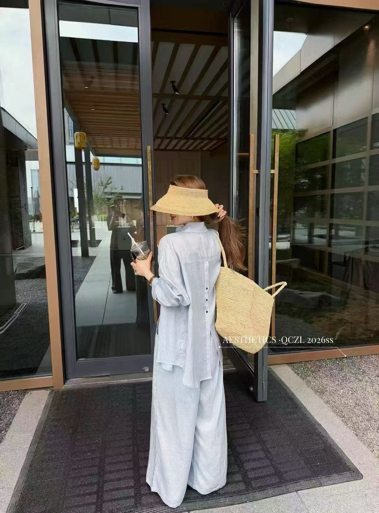 새로운 루즈핏 느긋한 오래된 돈 바람 마 재료 셔츠 오픈 가디건 슬립 허리밴드 캐주얼 반바지 3 세트 이미지 2