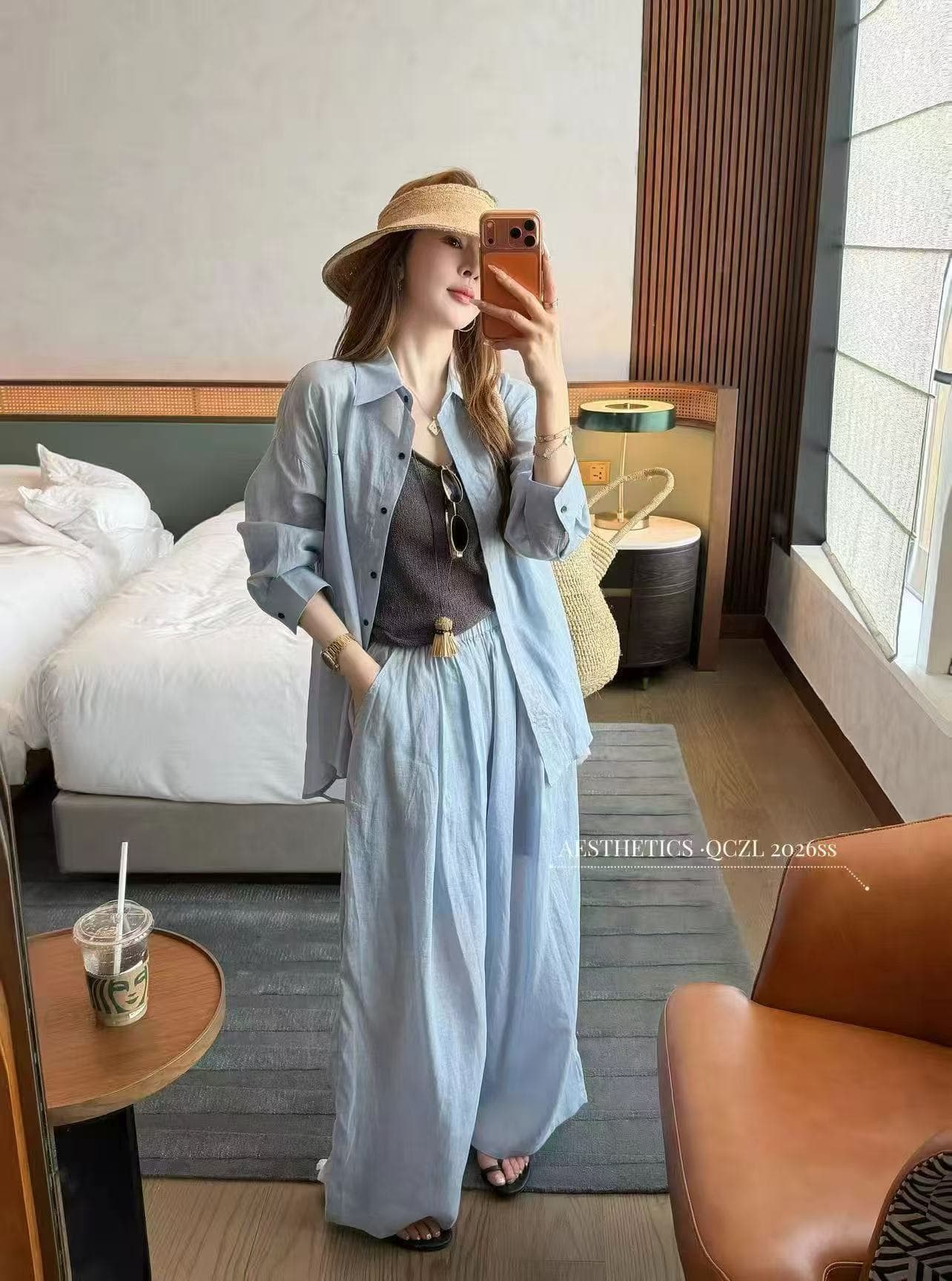 새로운 루즈핏 느긋한 오래된 돈 바람 마 재료 셔츠 오픈 가디건 슬립 허리밴드 캐주얼 반바지 3 세트 이미지 3