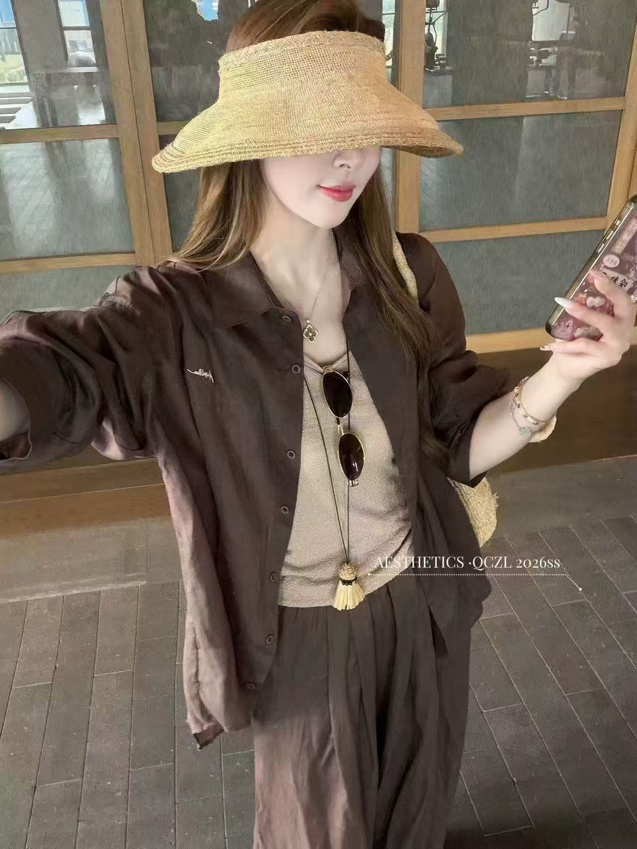 새로운 루즈핏 느긋한 오래된 돈 바람 마 재료 셔츠 오픈 가디건 슬립 허리밴드 캐주얼 반바지 3 세트 상세 이미지 1