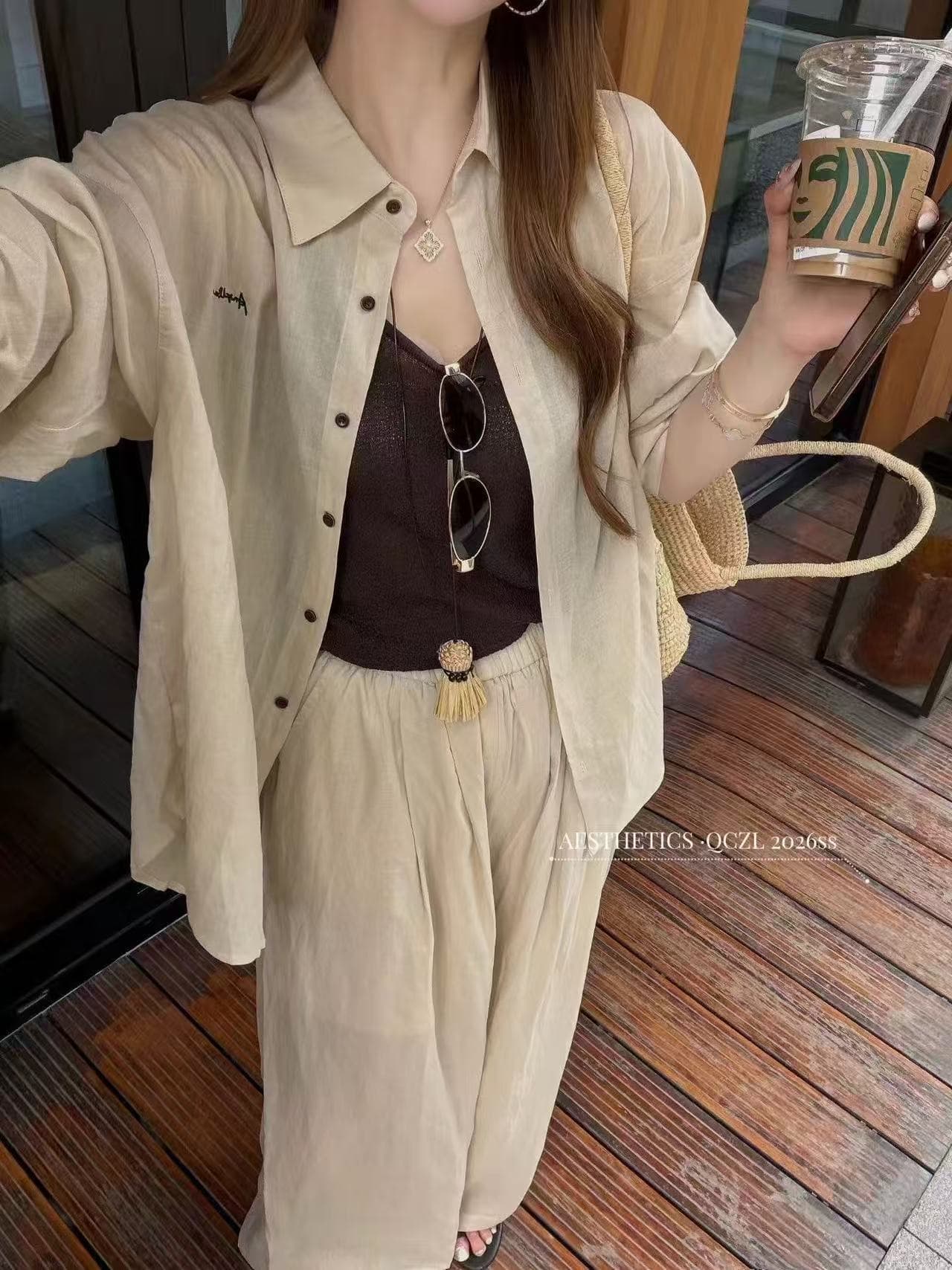 새로운 루즈핏 느긋한 오래된 돈 바람 마 재료 셔츠 오픈 가디건 슬립 허리밴드 캐주얼 반바지 3 세트 상세 이미지 4