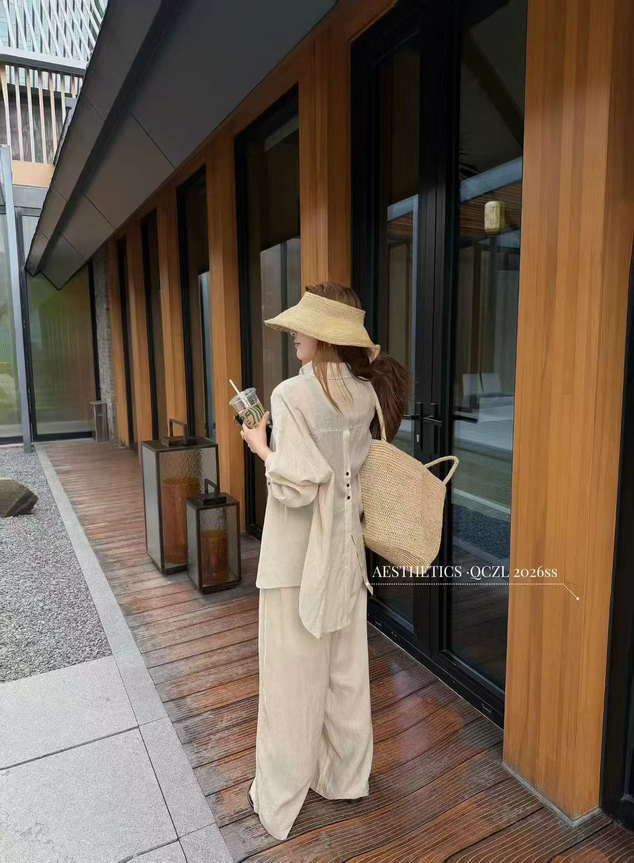 새로운 루즈핏 느긋한 오래된 돈 바람 마 재료 셔츠 오픈 가디건 슬립 허리밴드 캐주얼 반바지 3 세트 상세 이미지 6