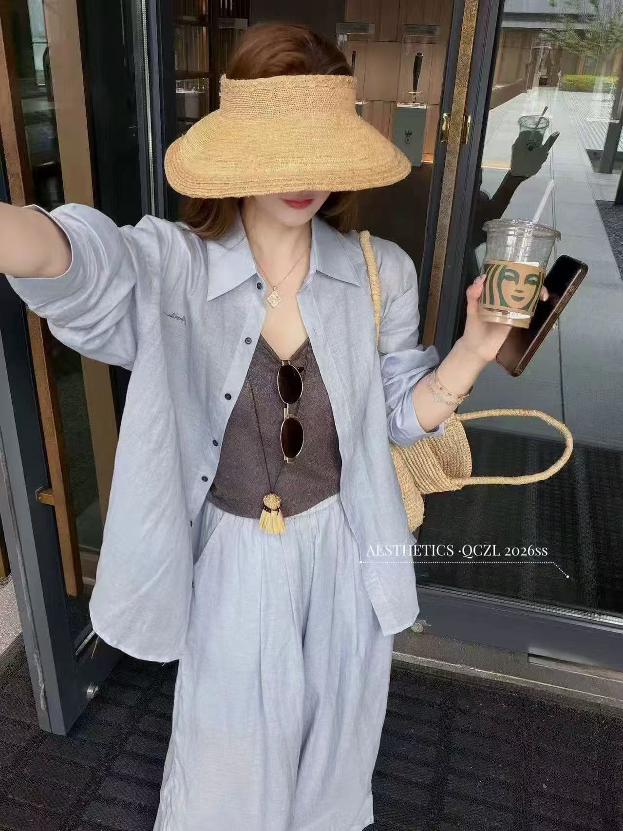 새로운 루즈핏 느긋한 오래된 돈 바람 마 재료 셔츠 오픈 가디건 슬립 허리밴드 캐주얼 반바지 3 세트 상세 이미지 7