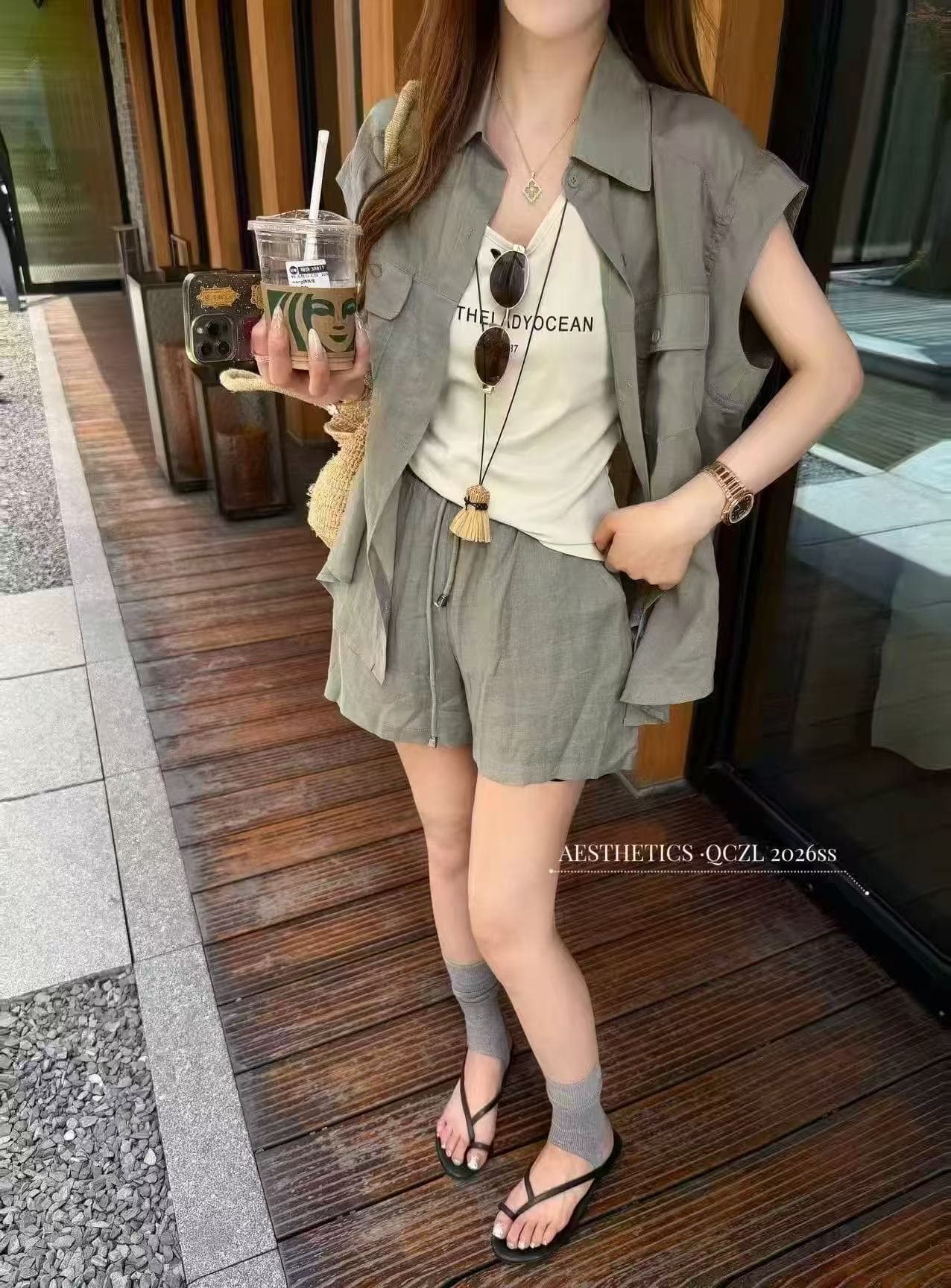 새로운 빛 요리 한 미니멀리즘 바람 느슨함 센스 루즈핏 민소매 맨위 조끼 허리밴드 반바지 3종 세트 이미지 5