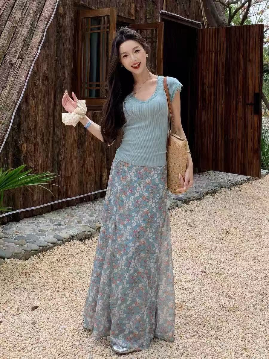 새로운 한 부서 디자인 센스 몸매 가꾸기 슬림해 보이는 레이스 맨위 하이웨이스트 품격 꽃무늬 반신 치마 세트 상세 이미지 1