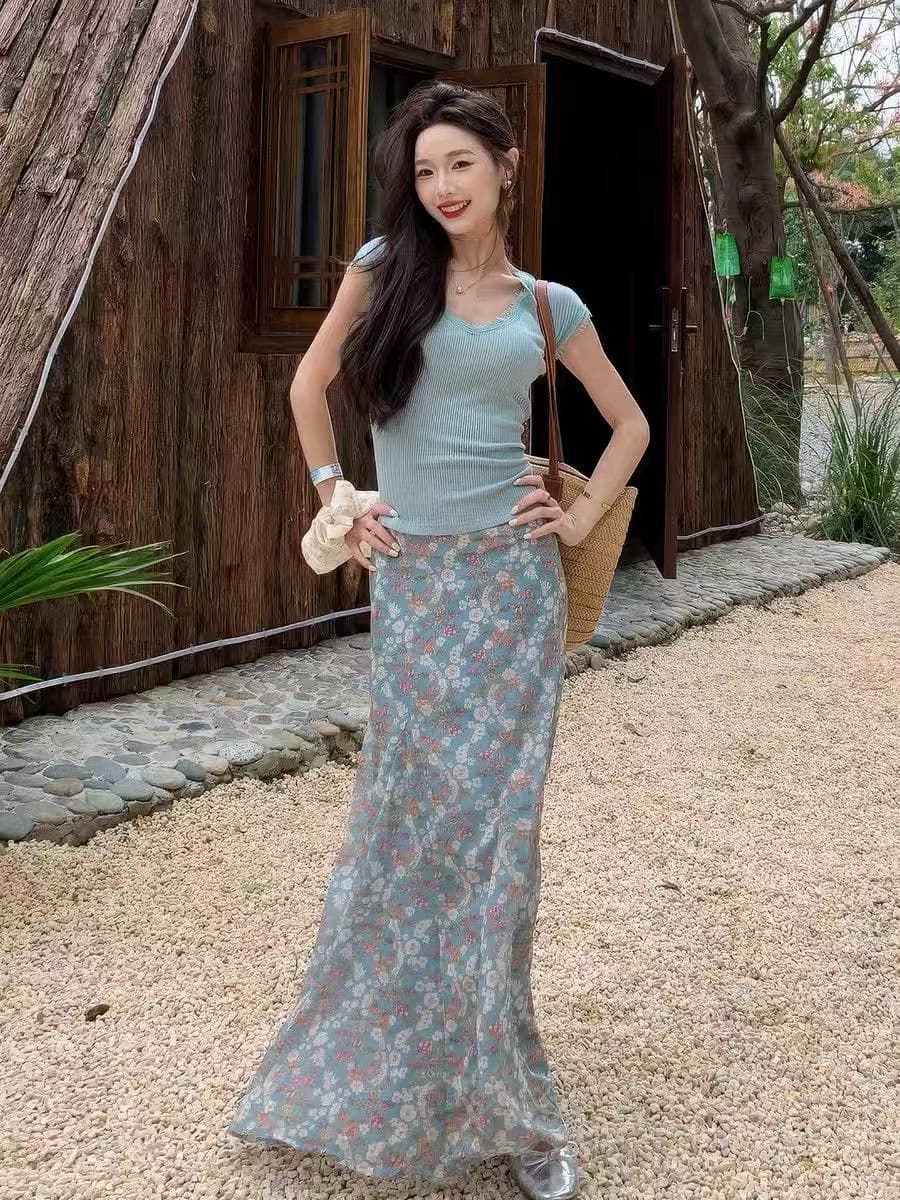 새로운 한 부서 디자인 센스 몸매 가꾸기 슬림해 보이는 레이스 맨위 하이웨이스트 품격 꽃무늬 반신 치마 세트 상세 이미지 4