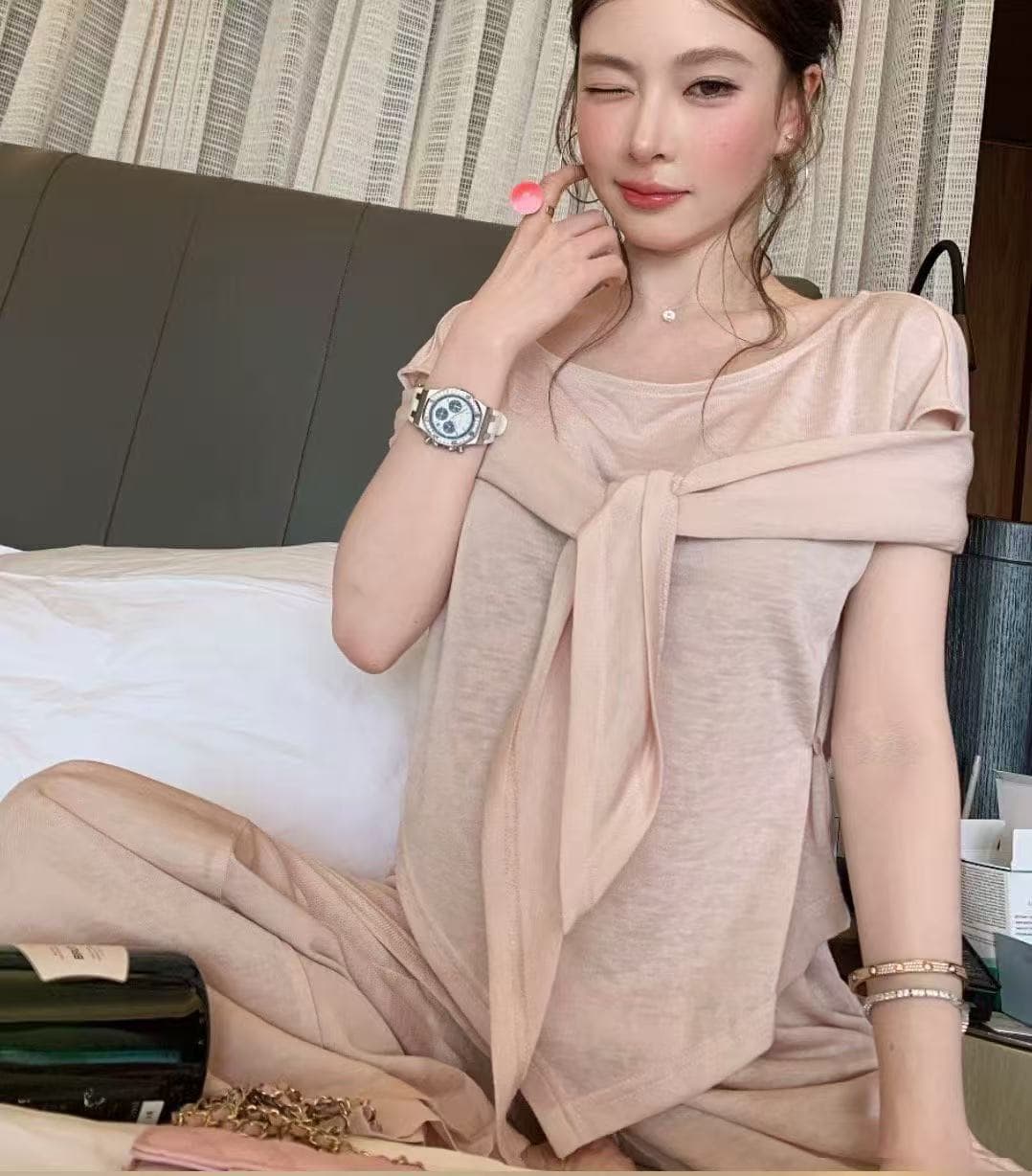새로운 슈퍼 편안함 디스플레이 아름다운 느슨함 느긋한 비스듬한 어깨 의류 숄 허리밴드 캐주얼 바지 3 세트 상세 이미지 5