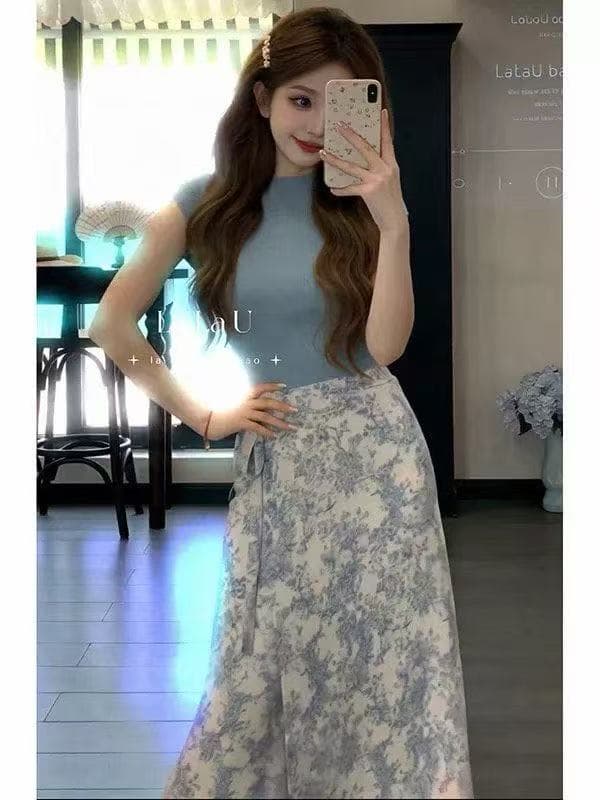 새로운 한 부서 디자인 센스 몸매 가꾸기 슬림해 보이는 맨위 하이웨이스트 레이스업 품격 꽃무늬 반신 치마 세트 이미지 3
