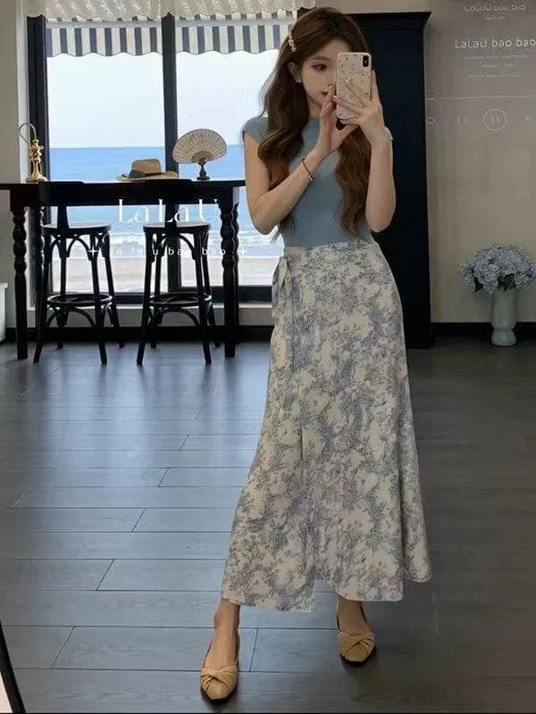 새로운 한 부서 디자인 센스 몸매 가꾸기 슬림해 보이는 맨위 하이웨이스트 레이스업 품격 꽃무늬 반신 치마 세트 상세 이미지 3
