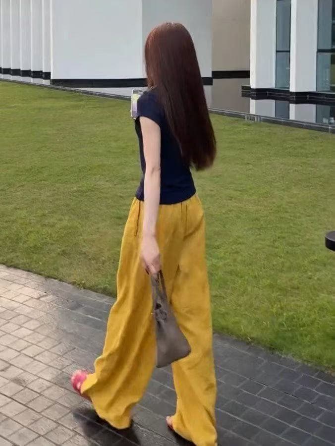 새로운 레트로 느긋한 오래된 돈 바람 고급 센스 몸매 가꾸기 맨위 허리밴드 아시아 인 면 린넨 와이드 레그 팬츠 세트 상세 이미지 3
