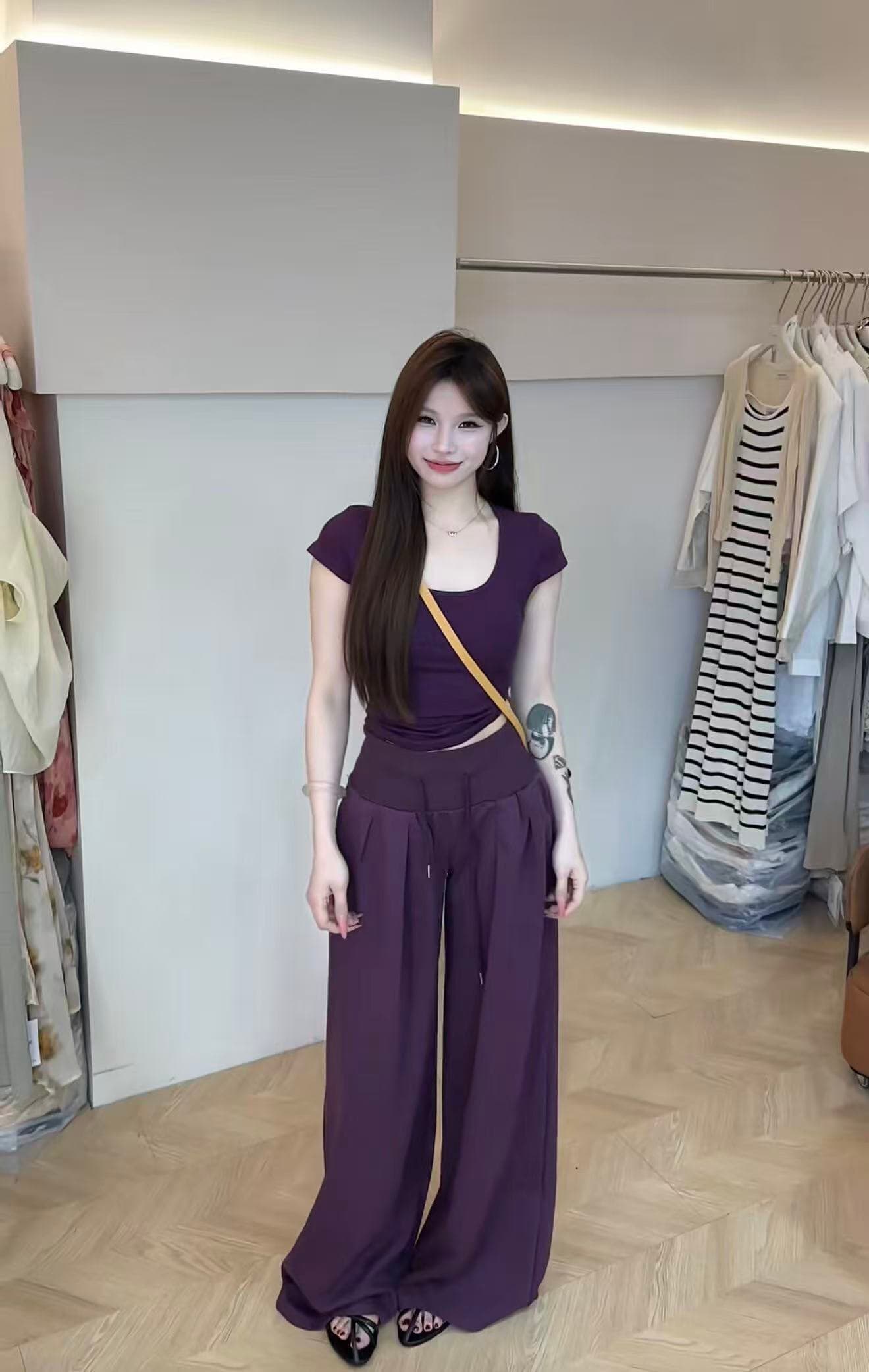 새로운 익스트림 제인 바람 몸매 가꾸기 u 종류 반팔 허리밴드 도루 센스 하이웨이스트 캐주얼 바닥 청소 와이드 레그 팬츠 세트 이미지 3
