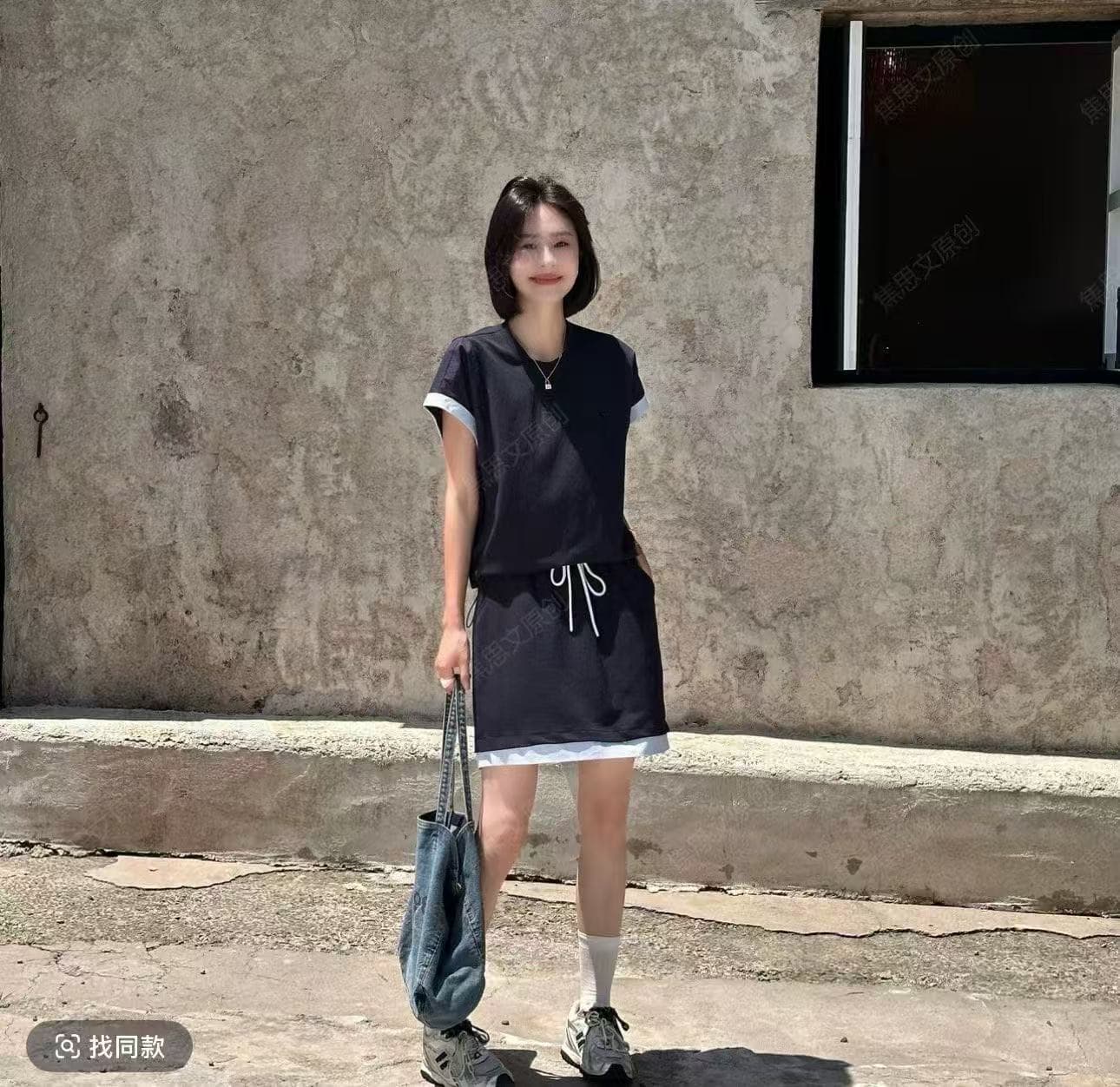 새로운 패션 미니멀리즘 운동 바람 폴로 칼라 반팔 티셔츠 맨위 허리밴드 미니 스커트 패치워크 색상 투피스 세트 이미지 2