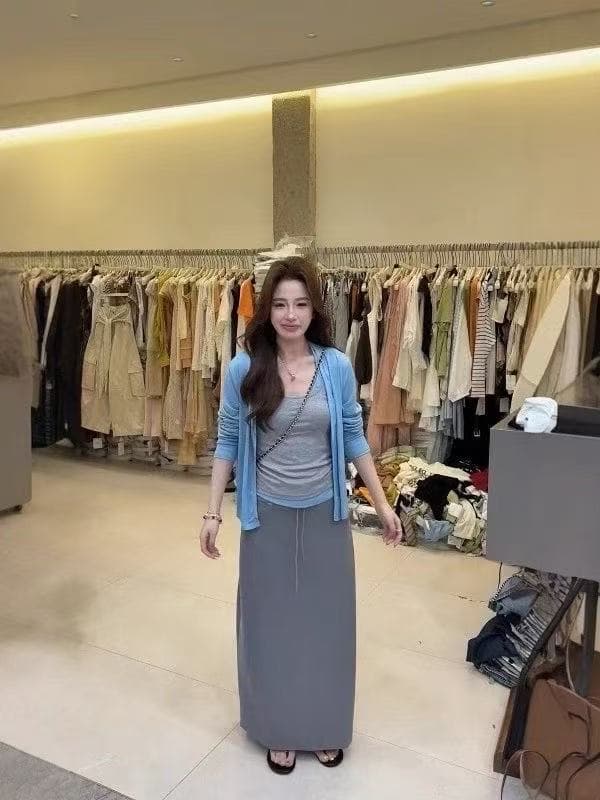 새로운 한 부서 미니멀리즘 얇은 스타일 자외선 차단 오픈 가디건 패치워크 색상 슬립 허리밴드 반신 스커트 3종 세트 이미지 3