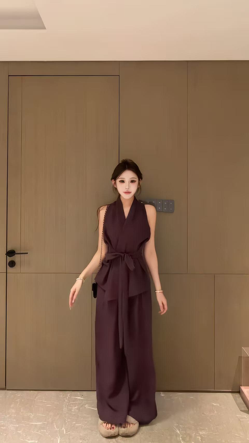 새로운 프랑스식 빛 요리 한 바람 품격 V넥 스트랩 허리 수축 민소매 맨위 허리밴드 와이드 레그 팬츠 세트 상세 이미지 6
