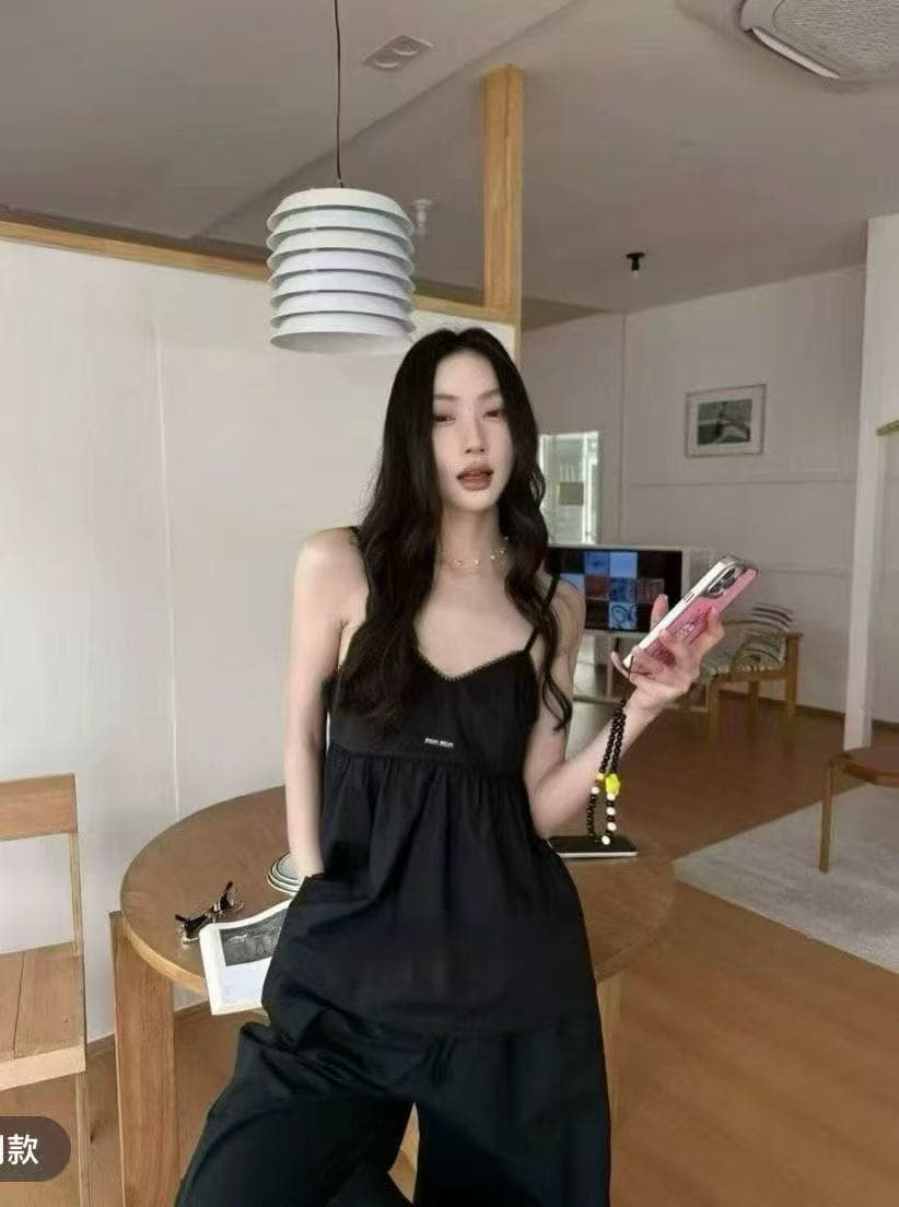 새로운 한 스타일 캐주얼 바람 루즈핏 순수한 욕망 슬립 쇼트 스타일 맨위 허리밴드 와이드 레그 팬츠 투피스 세트 상세 이미지 1