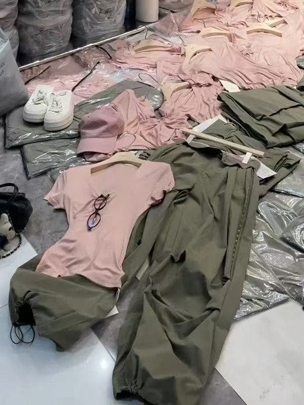새로운 한국 스타일 핫걸 바람 몸매 가꾸기 반팔 맨위 하이웨이스트 루즈핏 워크웨어 팬츠 캐주얼 투피스 세트 상세 이미지 5