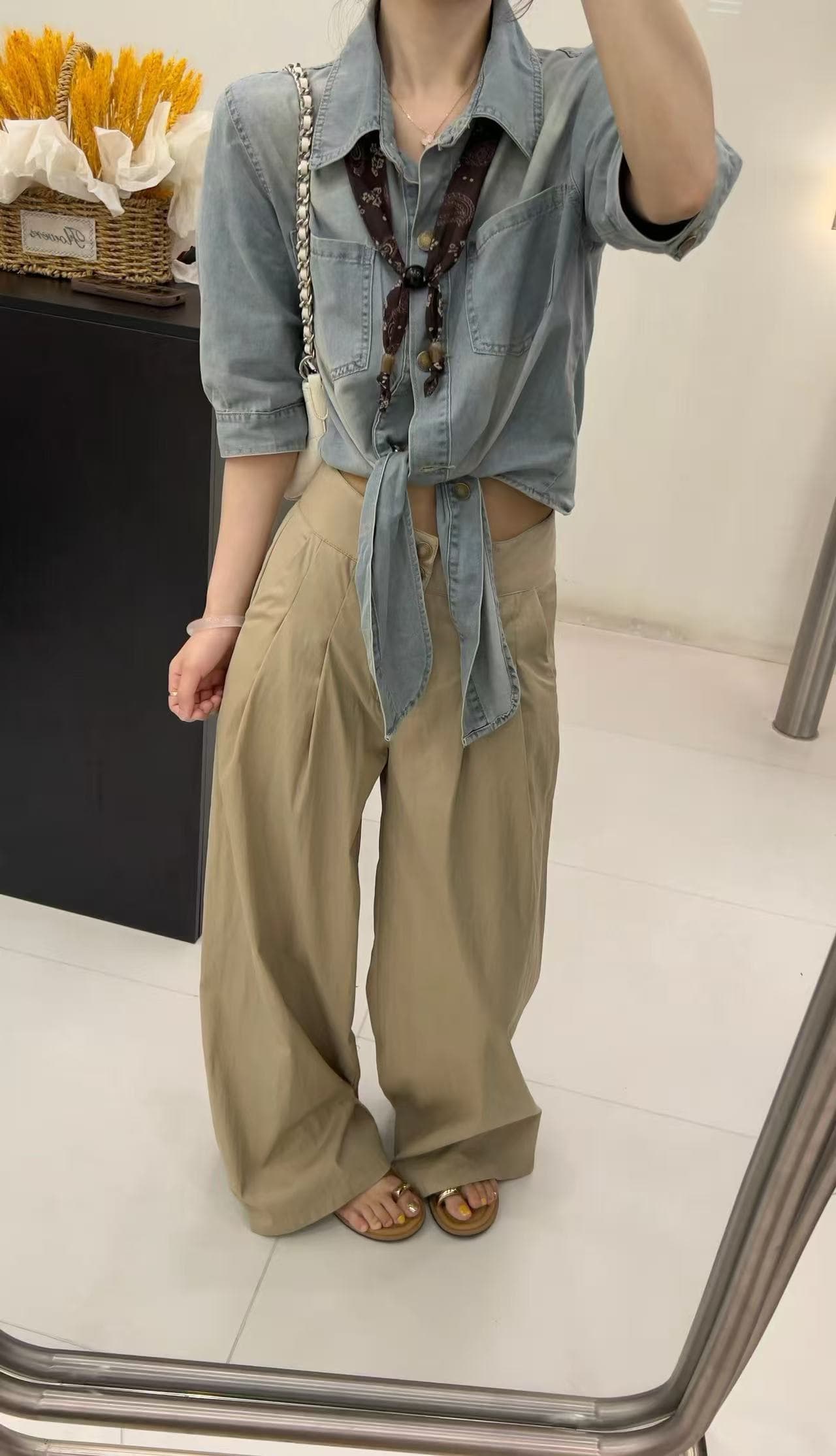 새로운 레트로 워싱 캐주얼 스카프 데님 반팔 셔츠 스카프 하이웨이스트 캐주얼 바지 3종 세트 이미지 3